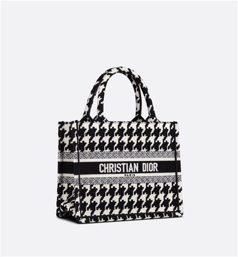 Small Dior Book Tote Black Houndstooth Embroidery 